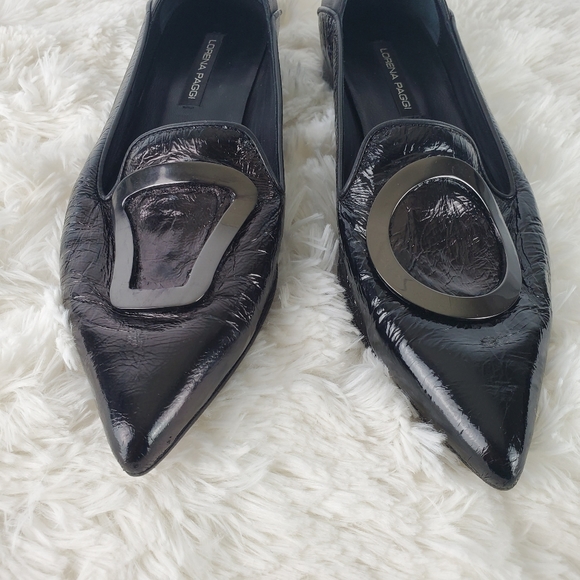 LORENA PAGGI 1203 Black Patent Leather Duo Shape Buckled Loafers Women's Size 40 - Picture 3 of 10